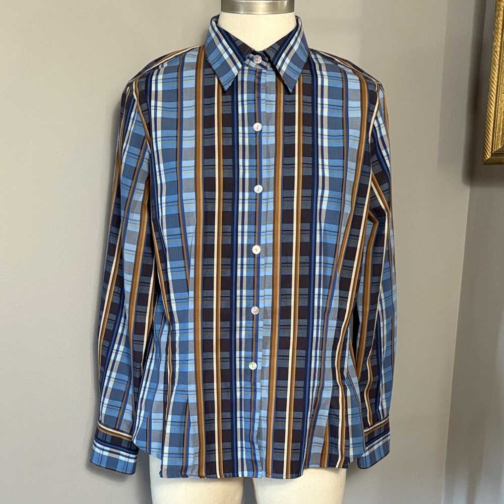 Foxcroft Size 10 Blue Brown Plaid Button Down Fitted Shirt Wrinkle Free